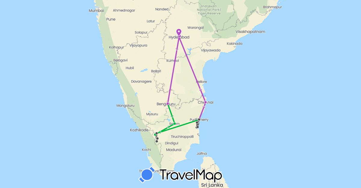 TravelMap itinerary: driving, bus, train, motorbike in India (Asia)